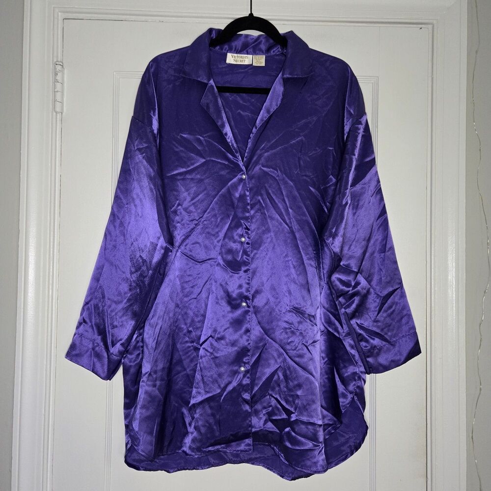 Vintage Victoria's Secret Gold Label Satin Night Button Shirt Women M/L Purple